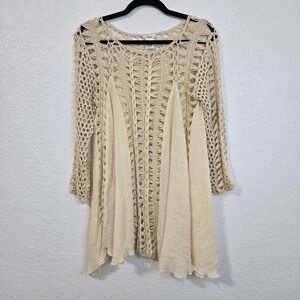 Crochet Knit Tunic Top Medium Long Sleeve Bohemian Style Cover Up Beach Casual‎